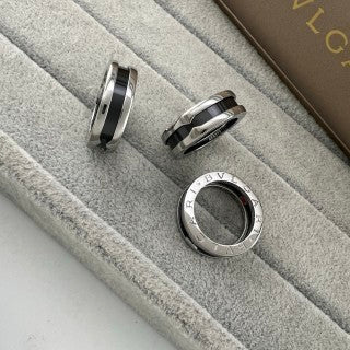 Bvlgari Black Ceramic Silver Ring with Red Accent – Elegant Luxury Jewelry