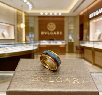 Bvlgari Gold Blue Accent Wide Band Ring – Elegant Luxury Jewelry