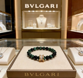 Bvlgari Green Gemstone Beaded Bracelet with Gold Accent – Elegant Luxury Jewelry